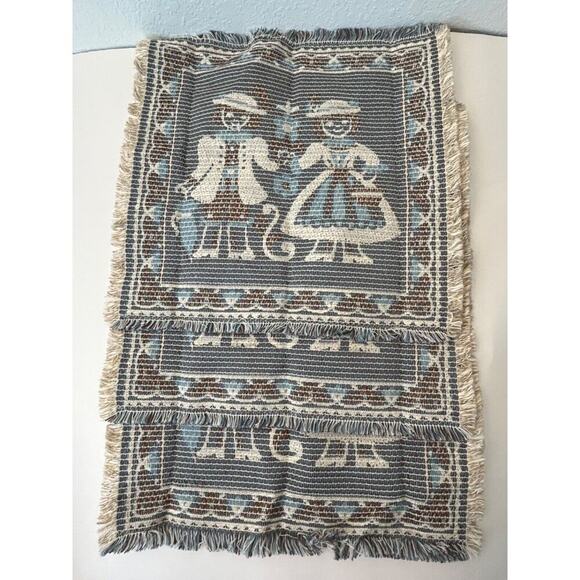 Vtg Kolf Blue Woven Tapestry Square Mats Austrian Boy Girl Linen Blend Set of 3 - Picture 4 of 8